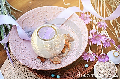 Aromatic lavender candle, spa poster Stock Photo