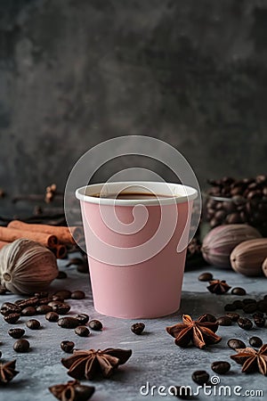 Aromatic Morning Brew: Paper Cup of Coffee With Beans and Spices Stock Photo