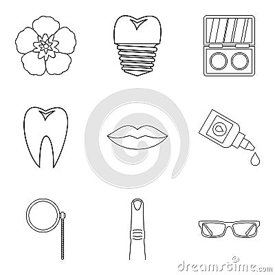 Aromatic oil icons set, outline style Vector Illustration