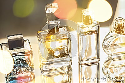 Aromatic Perfume bottles on background Stock Photo