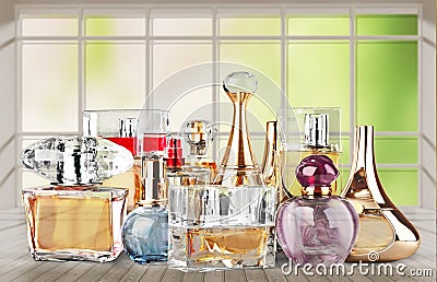 Aromatic Perfume bottles on background Stock Photo