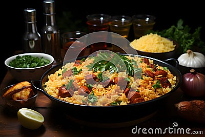 Aromatic and spicy flavor of West African cuisine - a vegetarian jollof rice with tomatoes, onions and spices Stock Photo