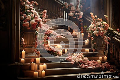 Aromatic Stairs candles flowers. Generate Ai Stock Photo