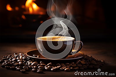 Aromatic start Morning coffee cup with beans and aroma smoke Stock Photo