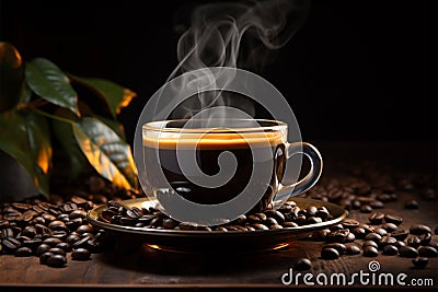 Aromatic start Morning coffee cup with beans and aroma smoke Stock Photo