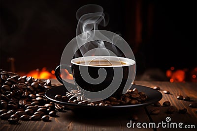 Aromatic start Morning coffee cup with beans and aroma smoke Stock Photo