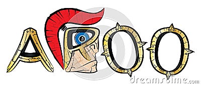 Aroo shout made of spartan warrior profile and golden metal letters Cartoon Illustration