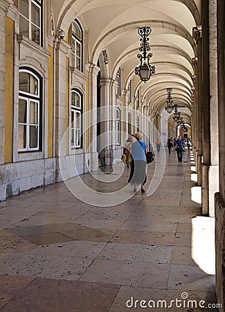 Arcades at the Praca de Comercio in Lisbon - Portugal Editorial Stock Photo
