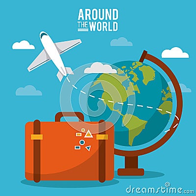 Around the world. globe world plane suitcase sky Vector Illustration