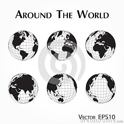 Around the world outline of world map with latitude and longitude Vector Illustration