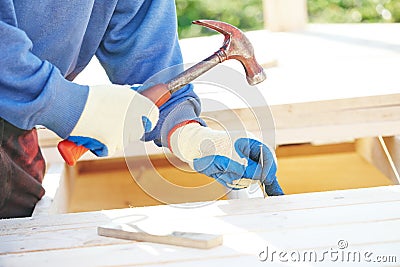 Ð¡arpenter hands with hammer and nail Stock Photo