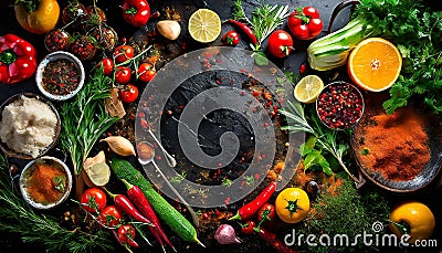 arranged background with spices vegetables Stock Photo