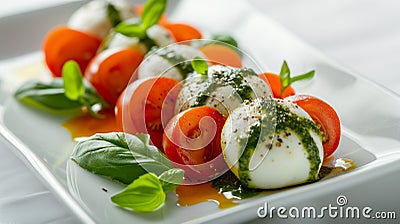 Arranged italian caprese salad in restaurant. Fresh mozarella, sliced tomatoes, basil leaf, olive oil Stock Photo