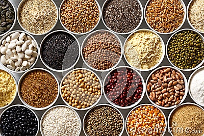 Arranged white bowls with uncooked pulses, grains and seeds on w Stock Photo