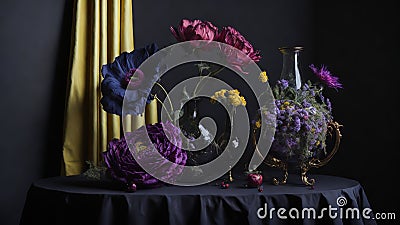 Arrangement of beautiful flowers in the black vase adds a touch of elegance and grace to the table. Stock Photo