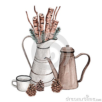 Arrangement of a bouquet of wooden firewood, twigs in an iron jug, a brown teapot and an enamelled cup with fir branches Cartoon Illustration