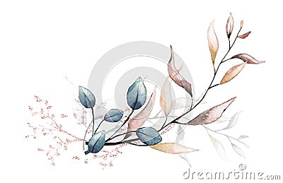 Arrangement with branches, leaves, pink gold dust graphic elements. Vector traced illustration Vector Illustration