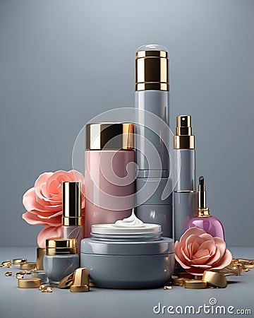 Set of luxury cosmetics bottles and cans over neutral background Stock Photo