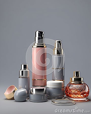 Set of luxury cosmetics bottles and cans over neutral background Stock Photo