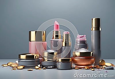 Set of luxury cosmetics bottles and cans over neutral background Stock Photo