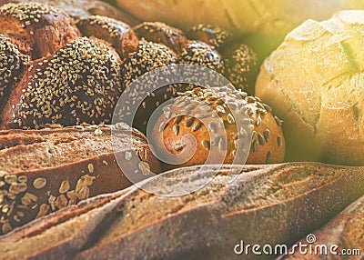 Arrangement of different breads at the bakery. Stock Photo