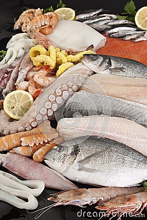 Arrangement of fish and seafood Stock Photo