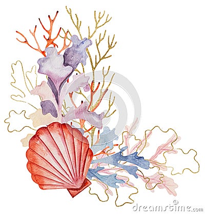 Arrangement made from Watercolor and golden seaweeds and seashells, beach wedding Illustration Stock Photo
