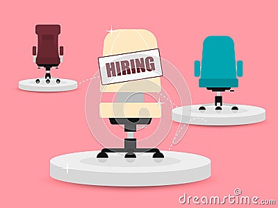 Arrangement of office chairs and vacancy sign. Hiring and recruiting. Vector Illustration