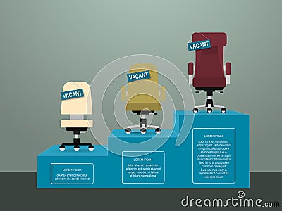 Arrangement of office chairs and vacancy sign. Hiring and recruiting. Cartoon Illustration