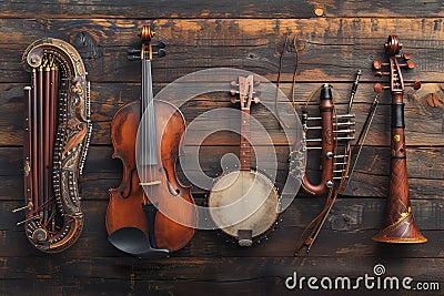 Arrangement of orchestral instruments, including violin and woodwinds, on rustic wooden surface, musical theme, copy Stock Photo