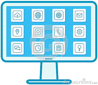Arrangement of program shortcuts on display. Computer home screen, desktop interface with icons Vector Illustration