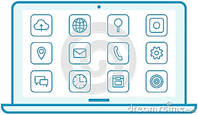 Arrangement of program shortcuts on display. Computer home screen, desktop interface with icons Stock Photo