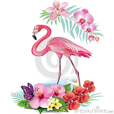 Arrangement from tropical flowers and Flamingo Vector Illustration