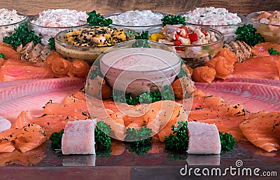 Arrangement of various different fish gourmet food Stock Photo