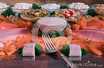 Arrangement of various different fish gourmet food Stock Photo