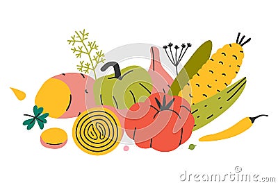 Arrangement of vegetables for farming market, set of vector hand drawn different kinds of veggies. Autumn harvest isolated. Vector Illustration