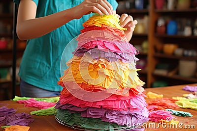 arranging crepe paper fringes on pinata base Stock Photo