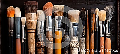 Array of artistic tools brushes, pencils, and sculpting instruments, exuding creative essence Stock Photo
