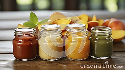 An Array of Baby Food Jars on a Rustic Table. Generative AI Stock Photo