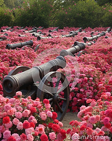 An array of belching cannons now surrounded by the sweet scent of roses Abandoned landscape. AI generation Stock Photo