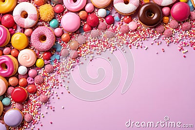 An array of colorful candies and doughnuts creatively scattered on a pink background. Stock Photo