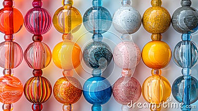 Array of colorful decorative glass beads. Artistic glasswork with various patterns and hues. Concept of handmade Stock Photo