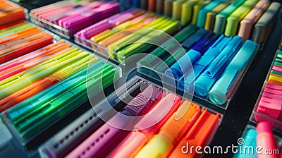 An array of colorful highlighters neatly organized on a desk waiting to be used for studying and notetaking Stock Photo