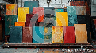 An array of colorful painted panels stacked together creating a visually striking display in an artistic environment Stock Photo