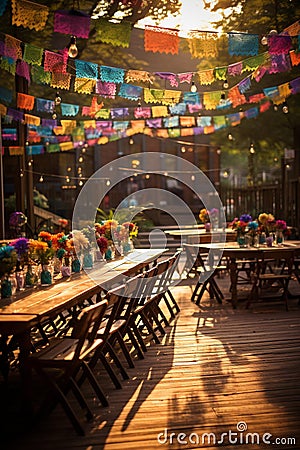 An array of colorful pinatas and other decorations adorning a festive outdoor space for Cinco de M Stock Photo