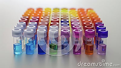 An array of colorful vials containing different bioinks ready to be loaded into the 3D bioprinter for precision printing Stock Photo