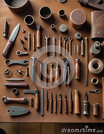 Array of Craftsmanship Tools on Wooden Surface Stock Photo