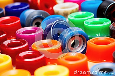 an array of different colored skateboard wheels on a clean surface Stock Photo