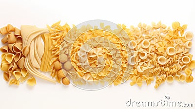 An array of different types of pasta spaghetti, penne, and farfalle in neat bundles. Cartoon Illustration