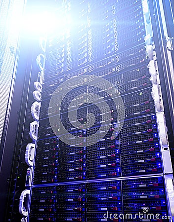 Array disk storage in data center with depth of field in cool tone Stock Photo